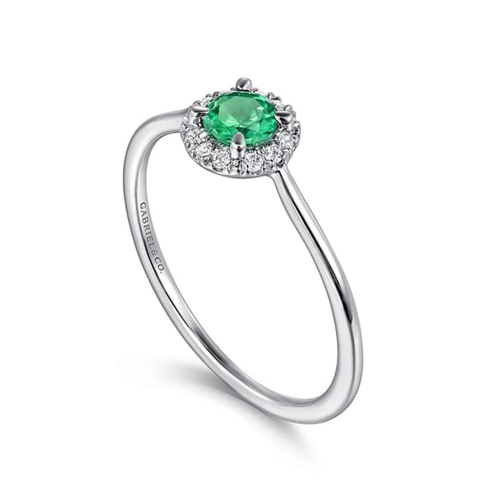 14kt White Gold Emerald and Diamond Halo Fashion Ring