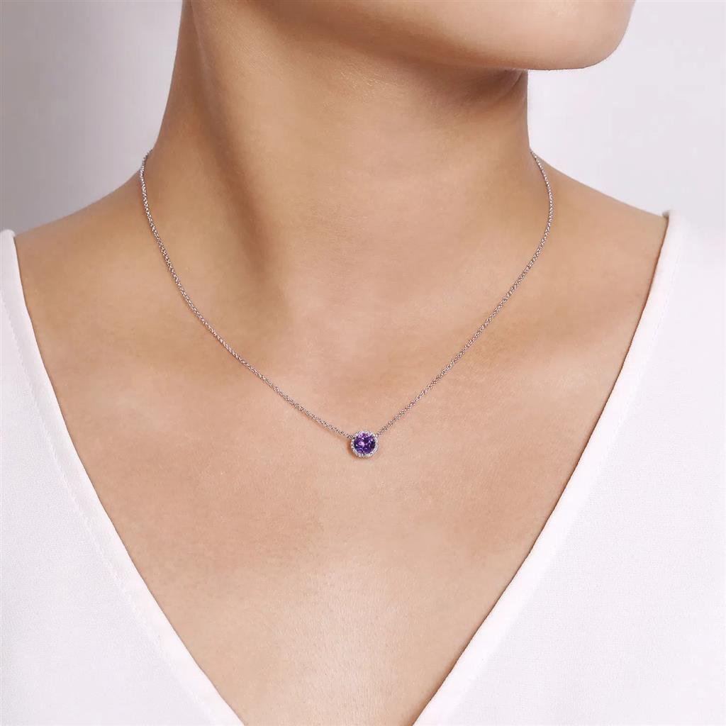 14KT White Gold Amethyst & Diamond Halo Necklace