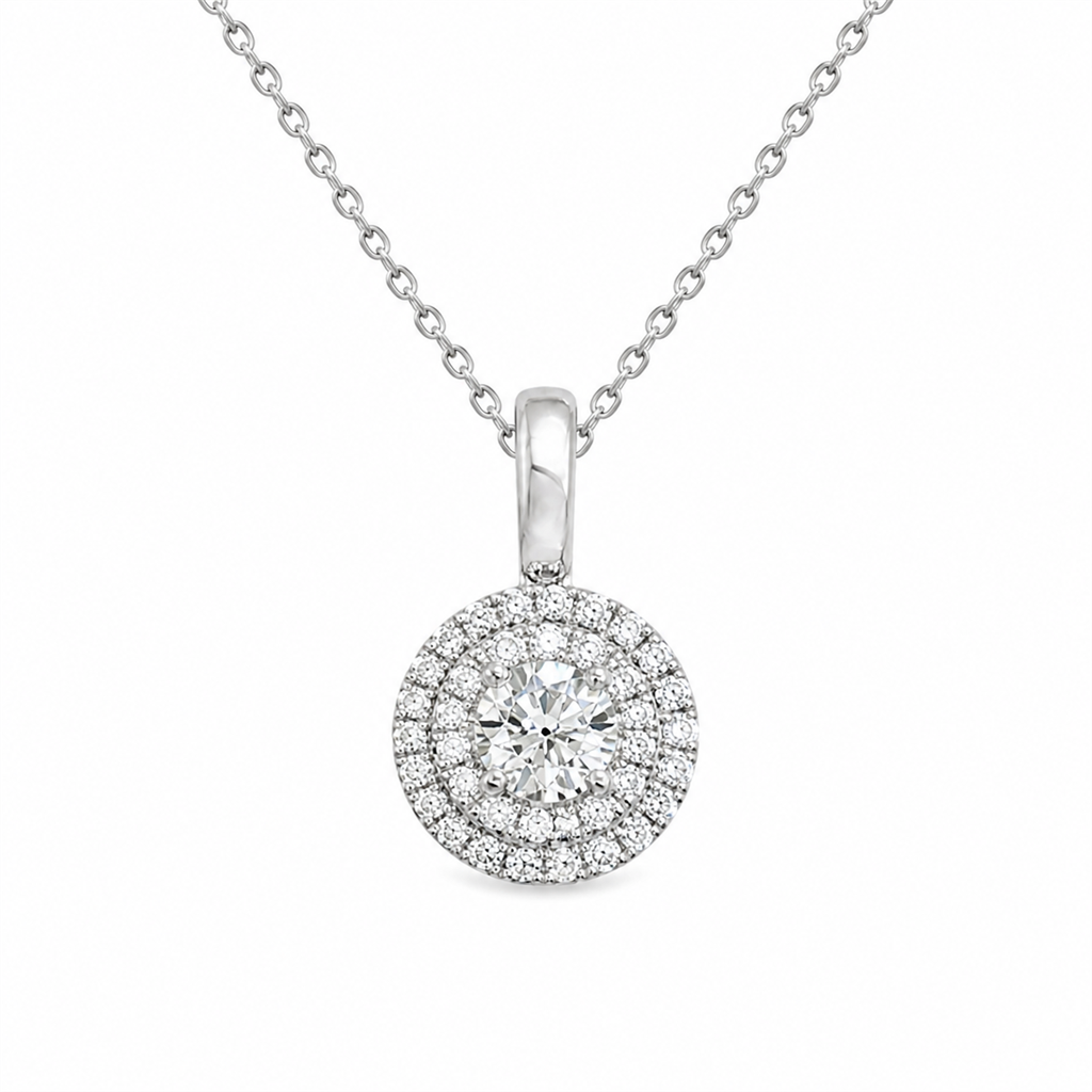 18K White Gold Round Halo Diamond Pendant 1.71 CTW 