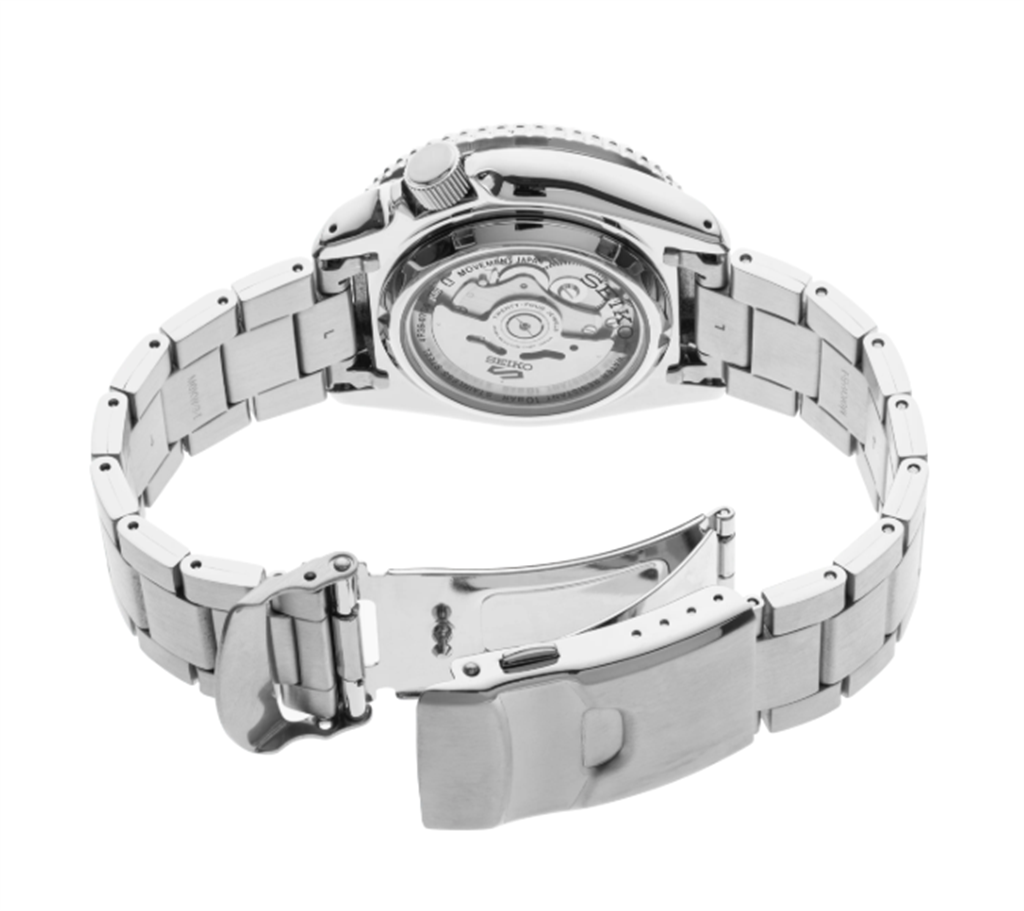 Seiko 5 Sports Stainless Steel Green Sunray Dial Watch - back side view