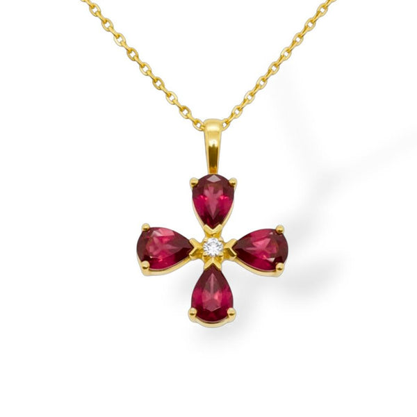 14Kt Yellow Gold Ruby And Diamond Flower Pendant