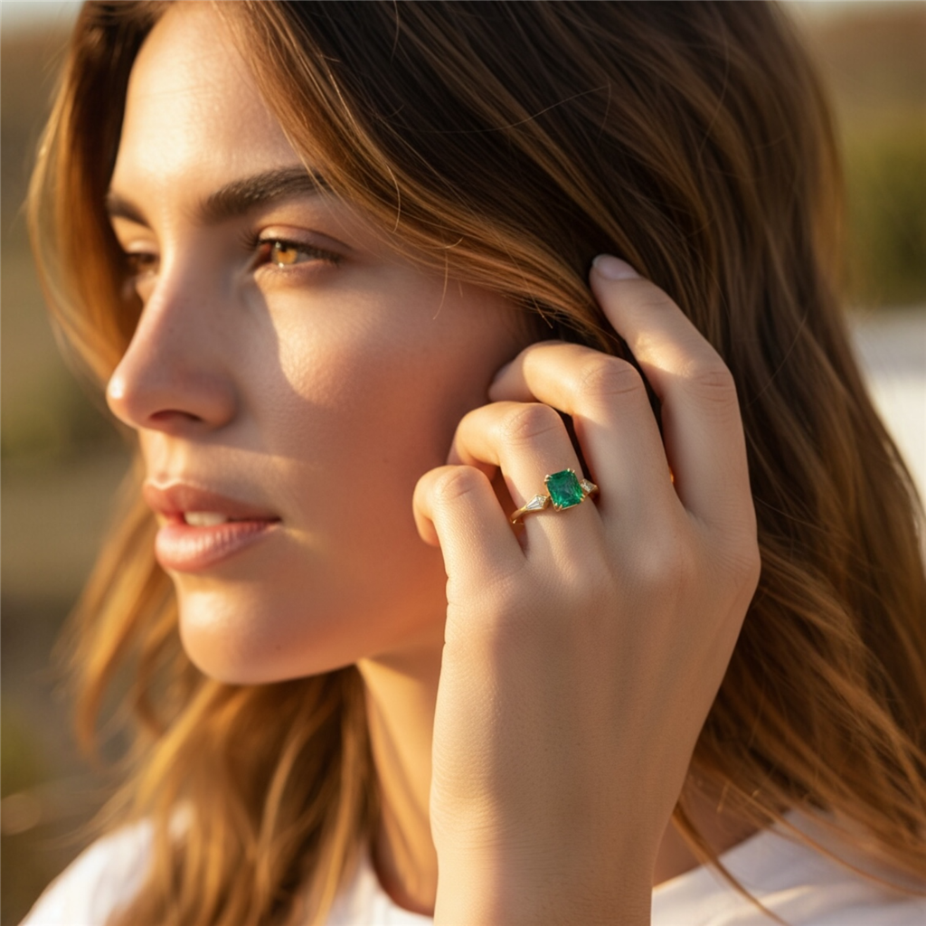 14KT Yellow Gold Colombian Emerald & Diamond 3-Stone Fashion Ring