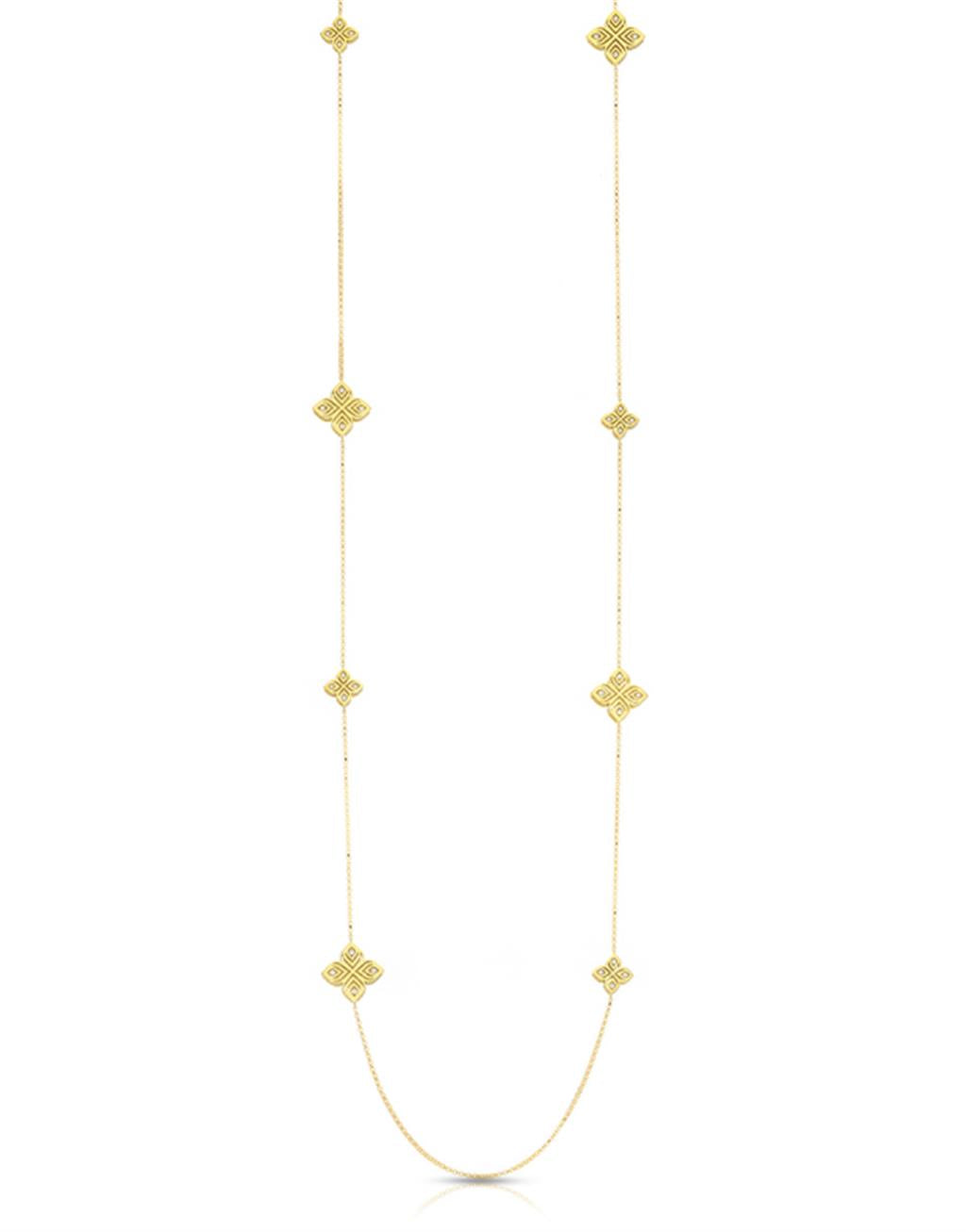 18kt Yellow Gold Arabesque Diamond Flower Station Diamond-Cut Rolo Chain Necklace