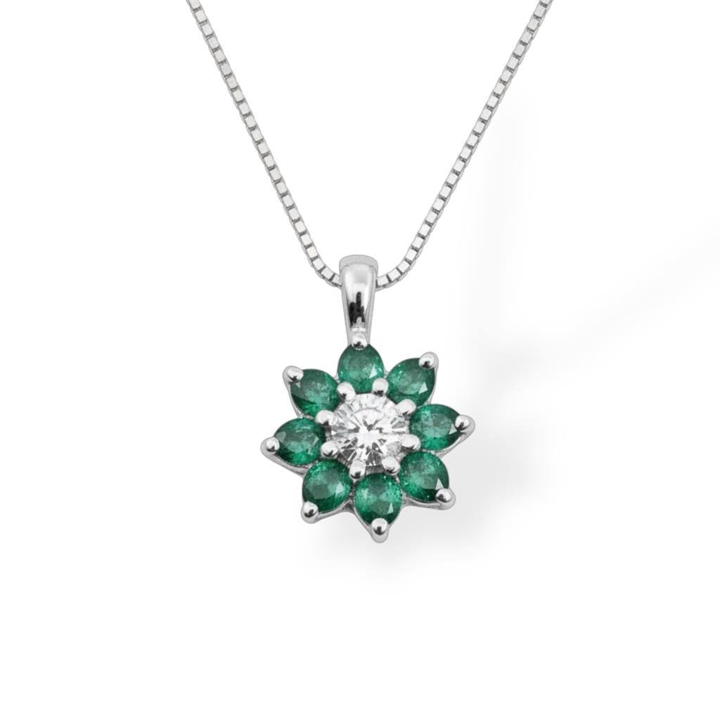14kt White Gold Diamond & Emerald Flower Halo Pendant