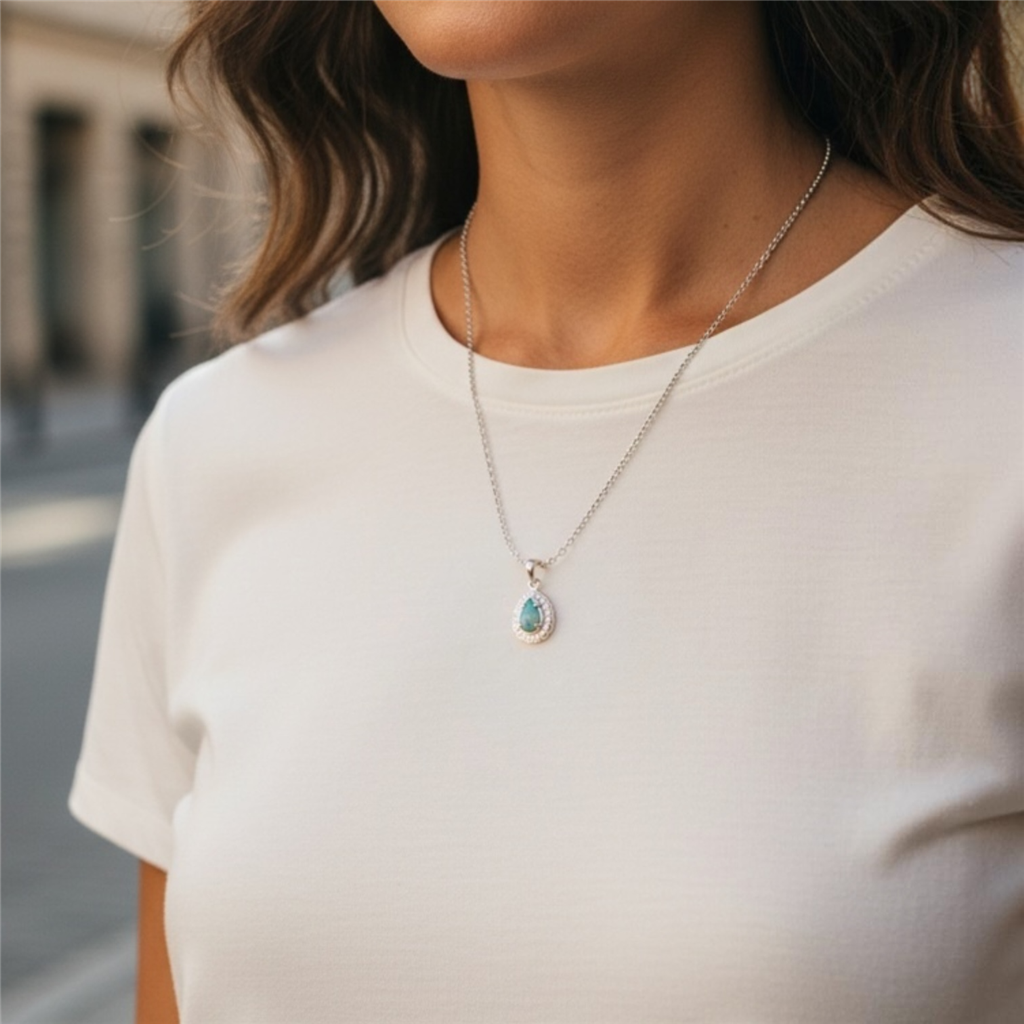14KT White Gold Pear-Shaped Opal Halo Pendant