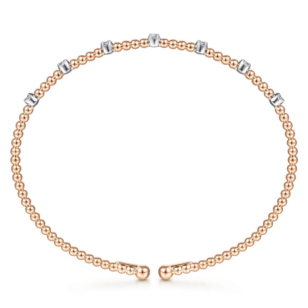14kt Rose & White Gold Bead Station Diamond Cuff Bracelet 
