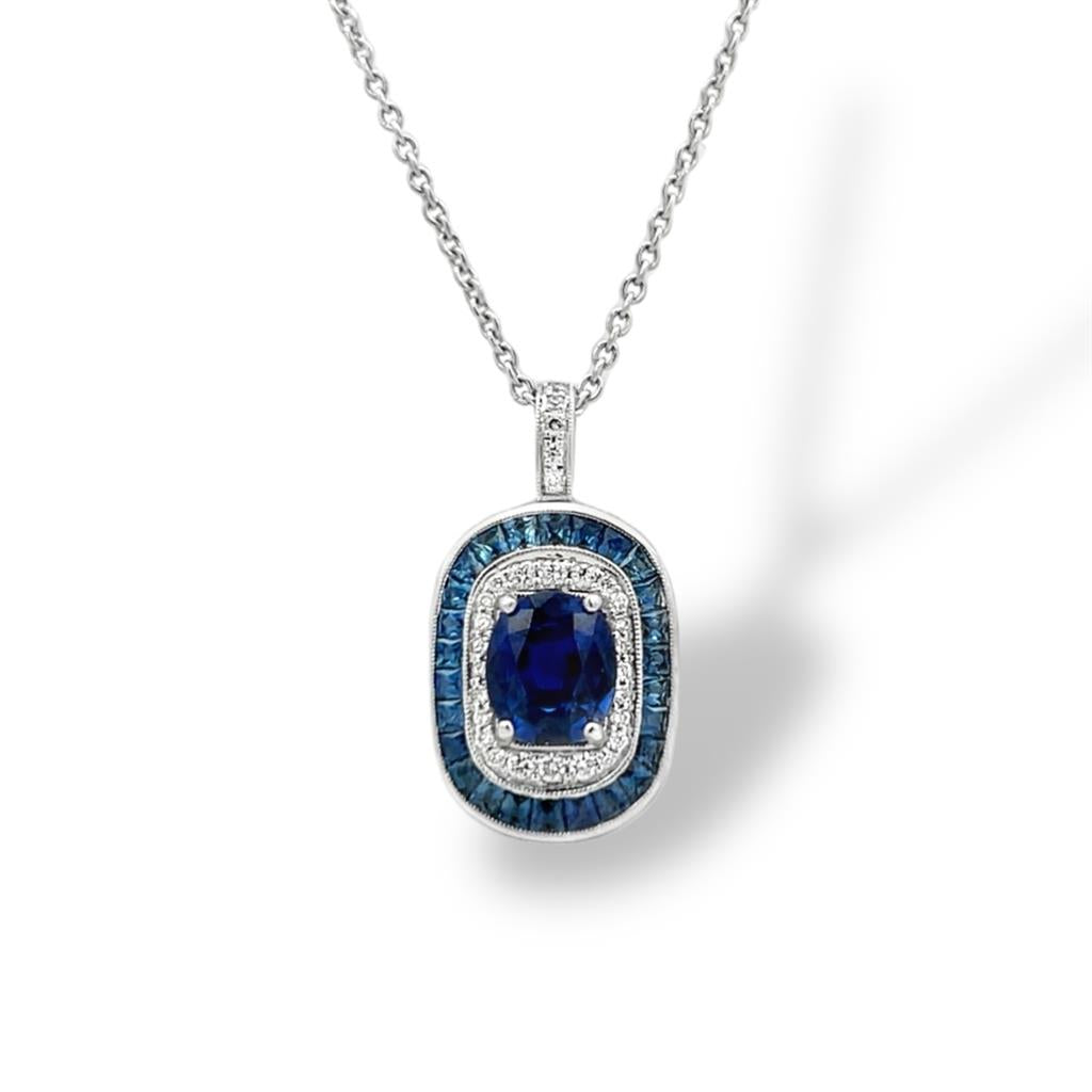 14KT White Gold Sapphire and Diamond Double Halo Pendant