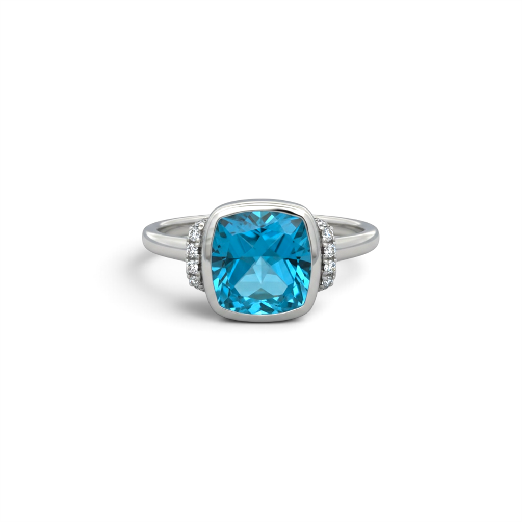 14kt White Gold Blue Topaz & Diamond Accented Bezel Fashion Ring
