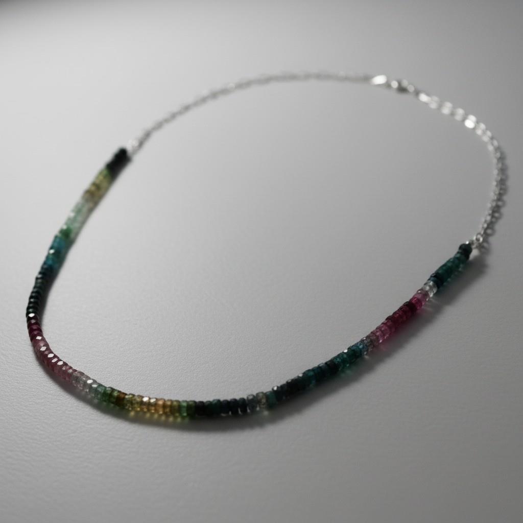 14KT White Gold Diamond-Cut Paperclip Chain & Multi-Colored Tourmaline Necklace