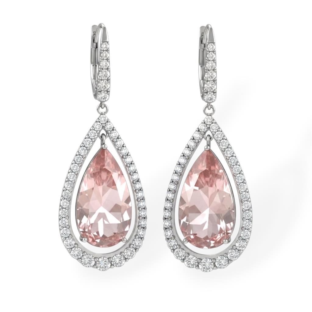 18K White Gold Morganite & Diamond Halo Dangle Earrings | 14.28 CTW