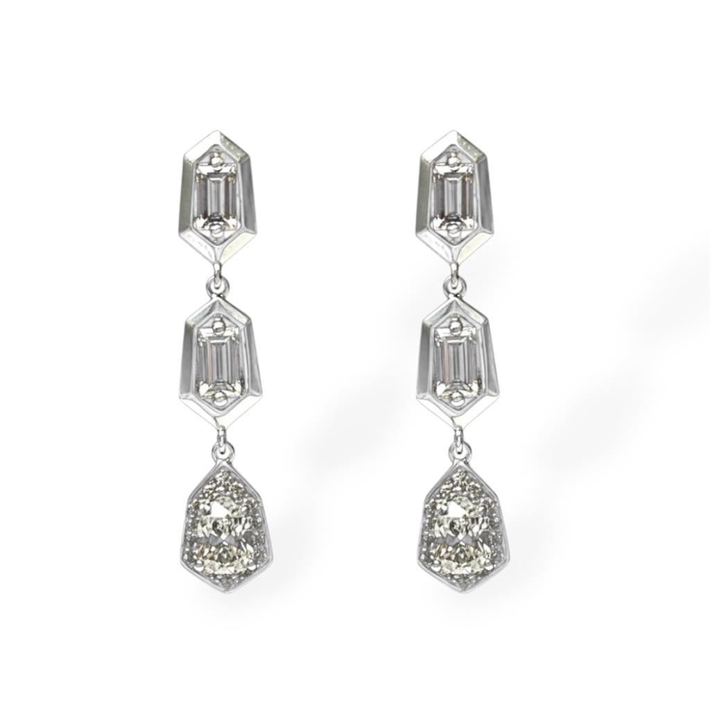 18KT White Gold Three-Stone Diamond Dangle Earrings 