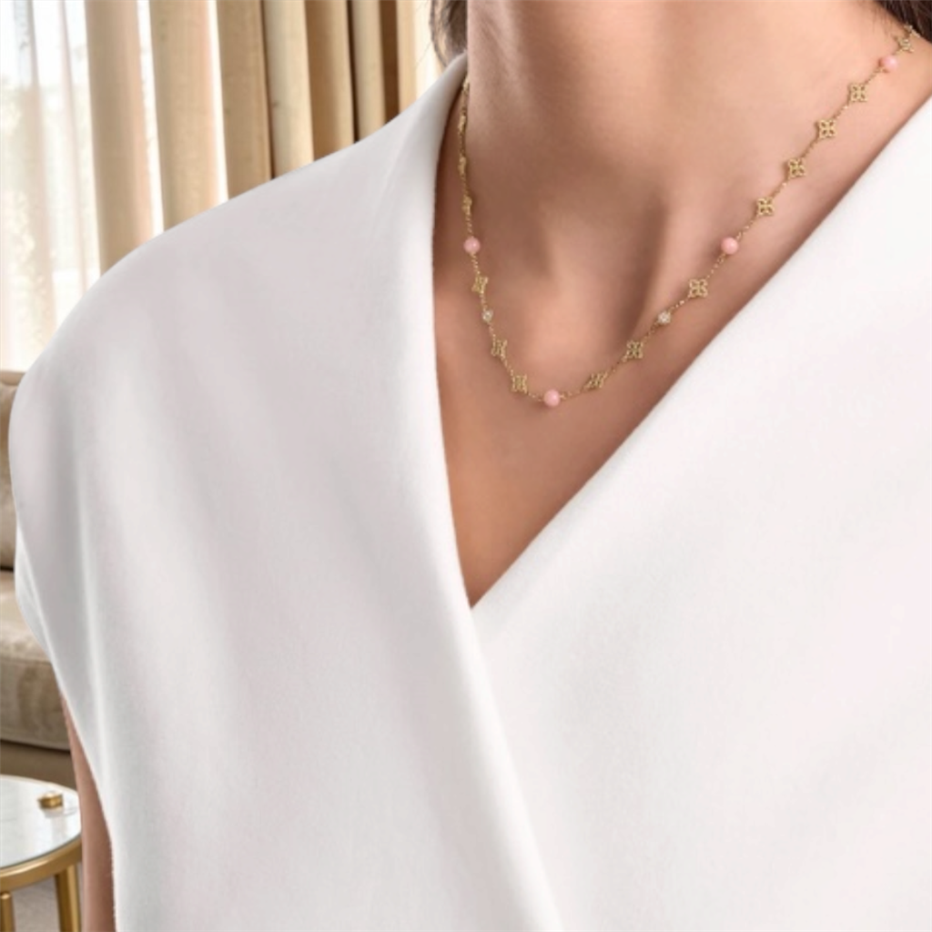 18KT Yellow Gold Princess Flower Pink Opal And Diamond Station Necklace
