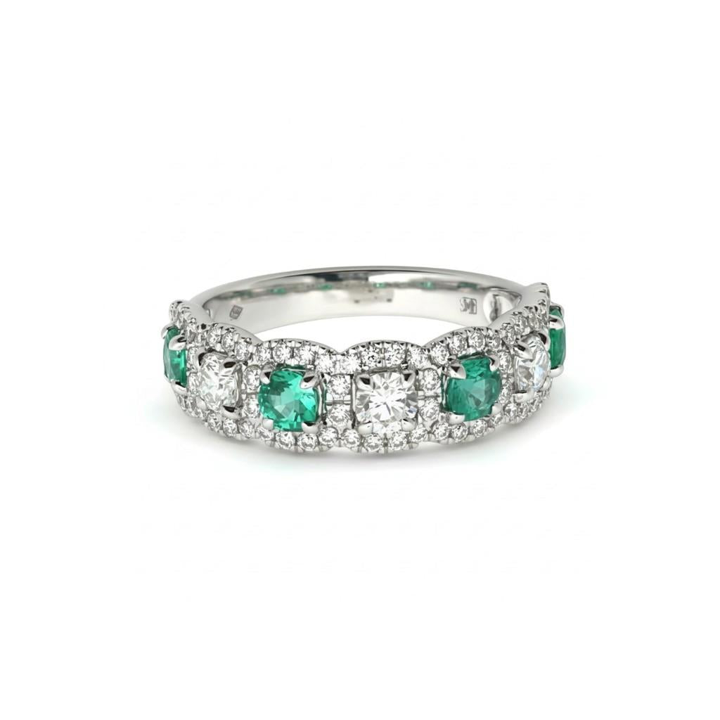 18KT White Gold Diamond & Emerald Alternating 7-Stone Halo Ring