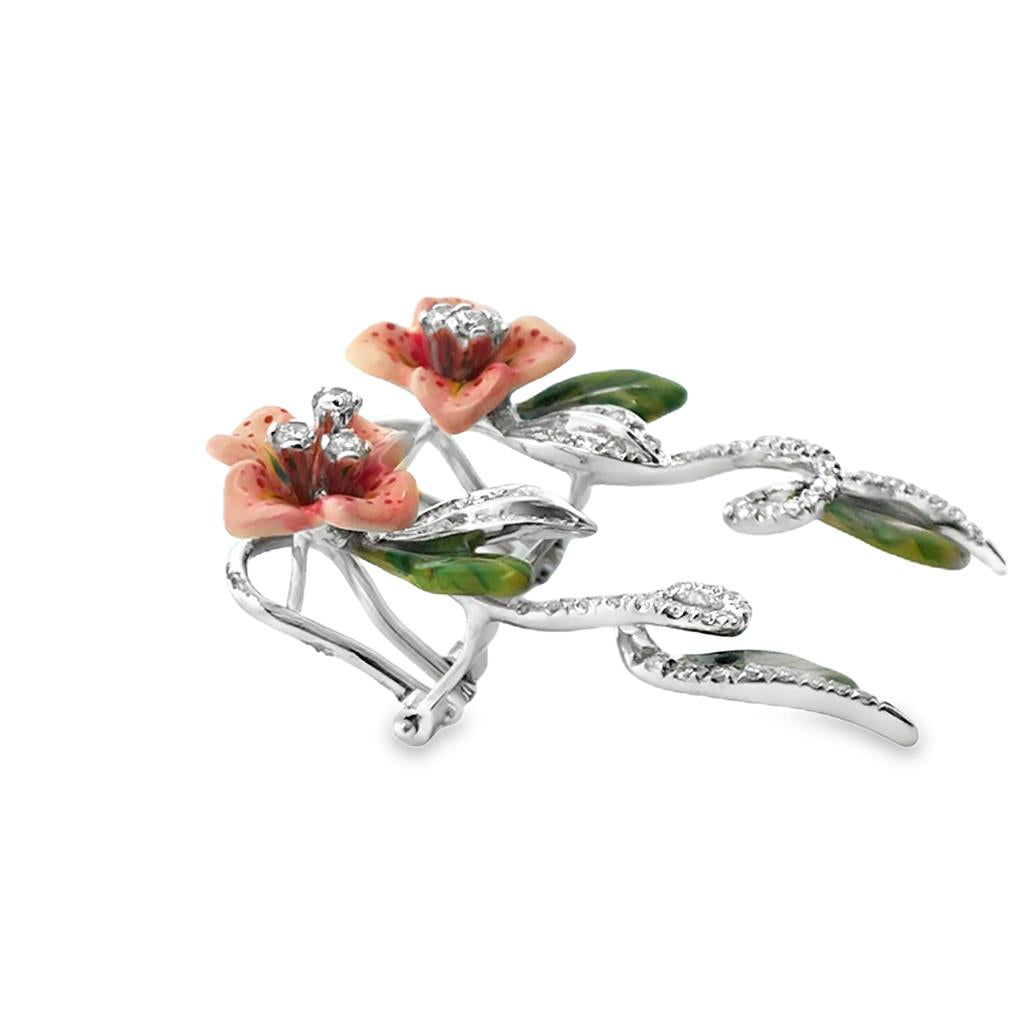 18kt White Gold Enameled Diamond Flower Omega Clip-Back Fashion Earrings