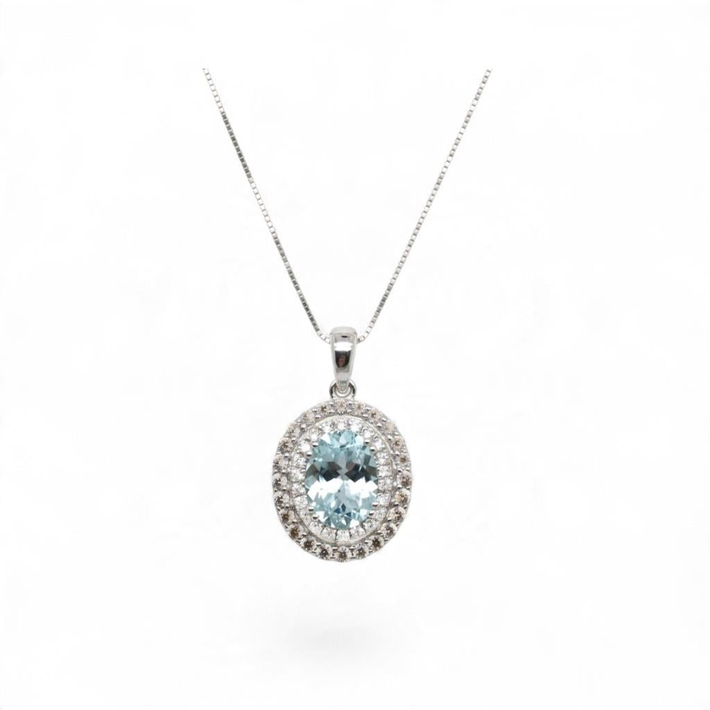 14K White Gold LeVian Aqua & Chocolate Vanilla Diamond Halo Pendant Necklace
