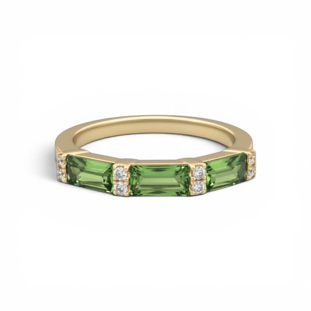 14K Yellow Gold Baguette  Peridot & Diamond 3-Stone Ring