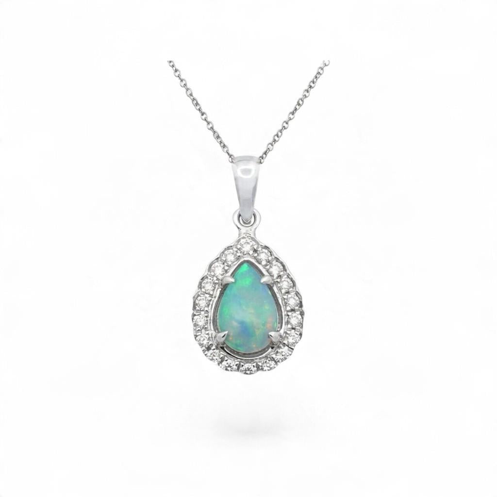 14KT White Gold Pear Opal & Diamond Halo Pendant