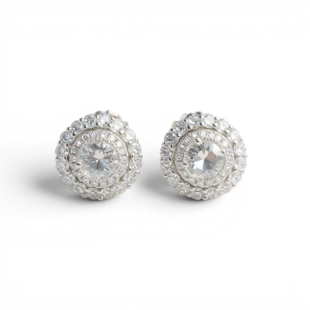 14K White Gold Double Halo Diamond Stud Earrings