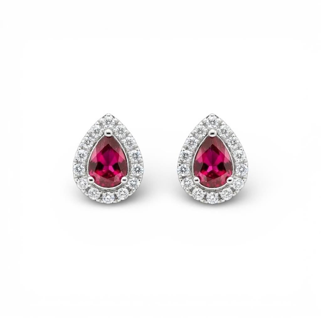 14kt White Gold Pear-Shaped Ruby & Diamond Halo Stud Earrings