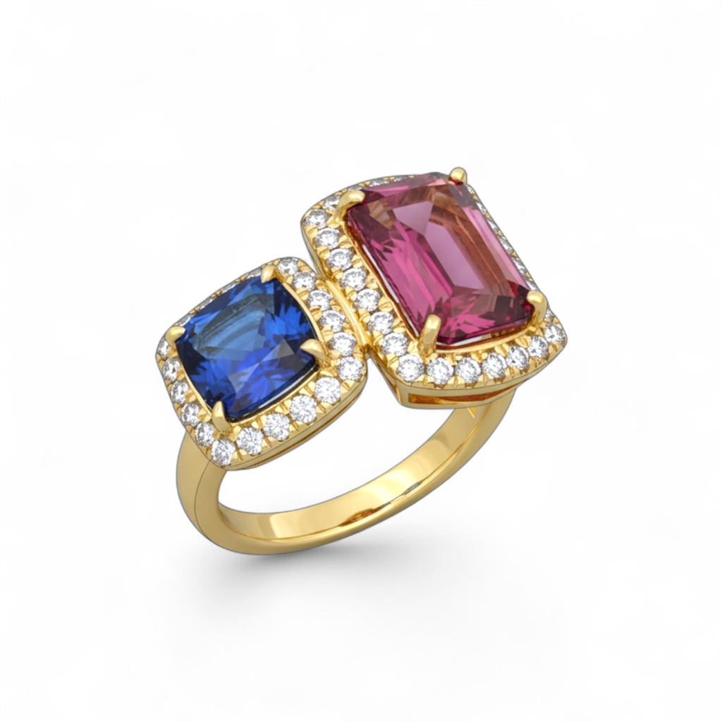 14KT Yellow Gold Watermelon Tourmaline And Tanzanite Toi Et Moi Ring