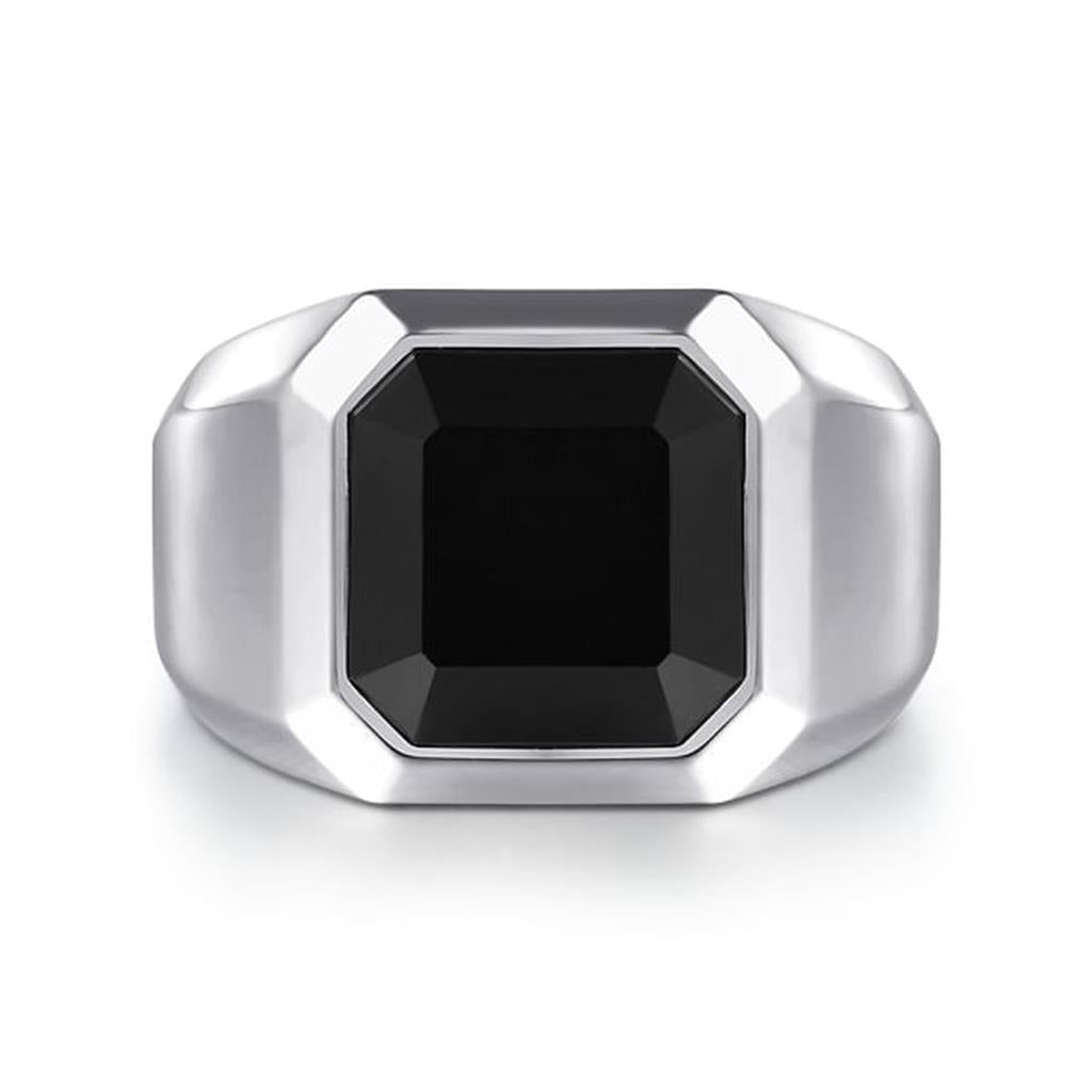 Wide 925 Sterling Silver Signet Ring with Faceted Onyx Stone in Sand Blast Finish