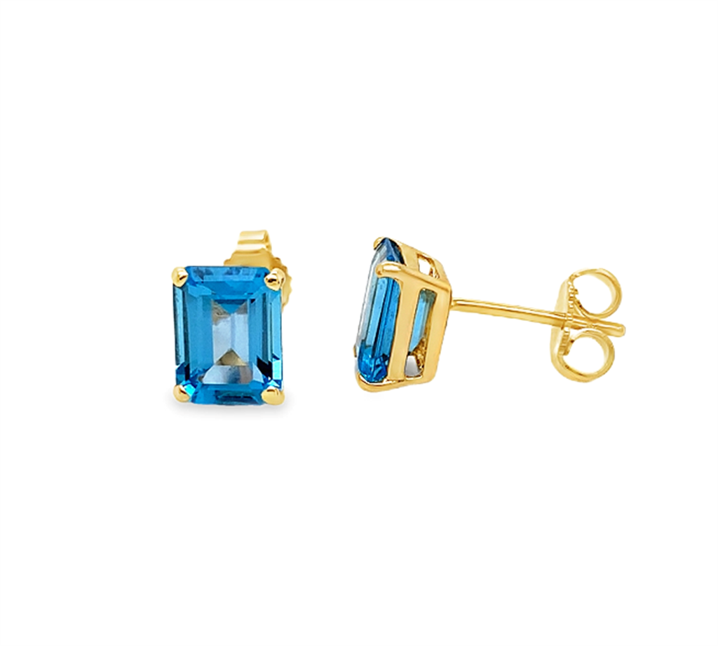14kt Yellow Gold 8x6mm Swiss Blue Topaz Emerald-Cut Stud Earrings