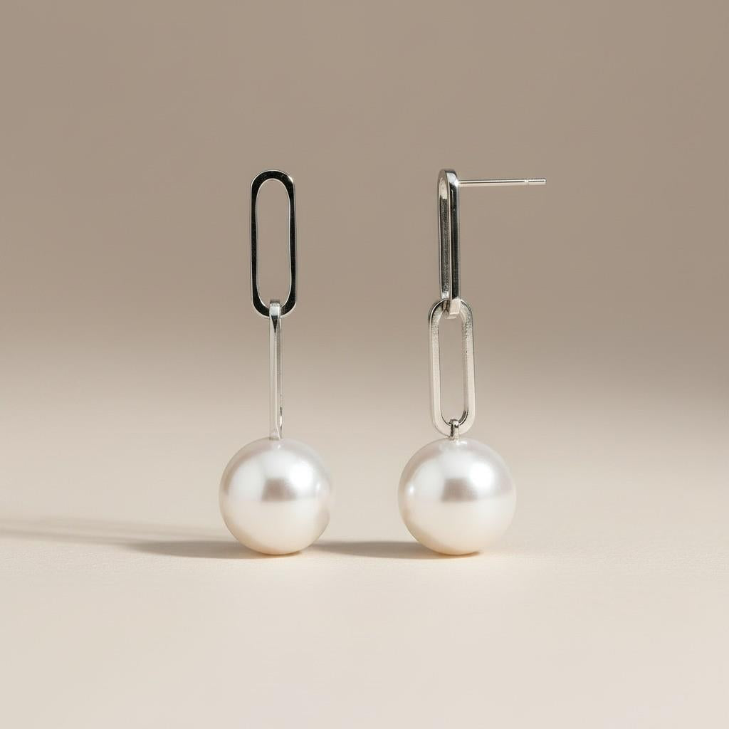 14kt White Gold Paperclip Pearl Dangle Earrings