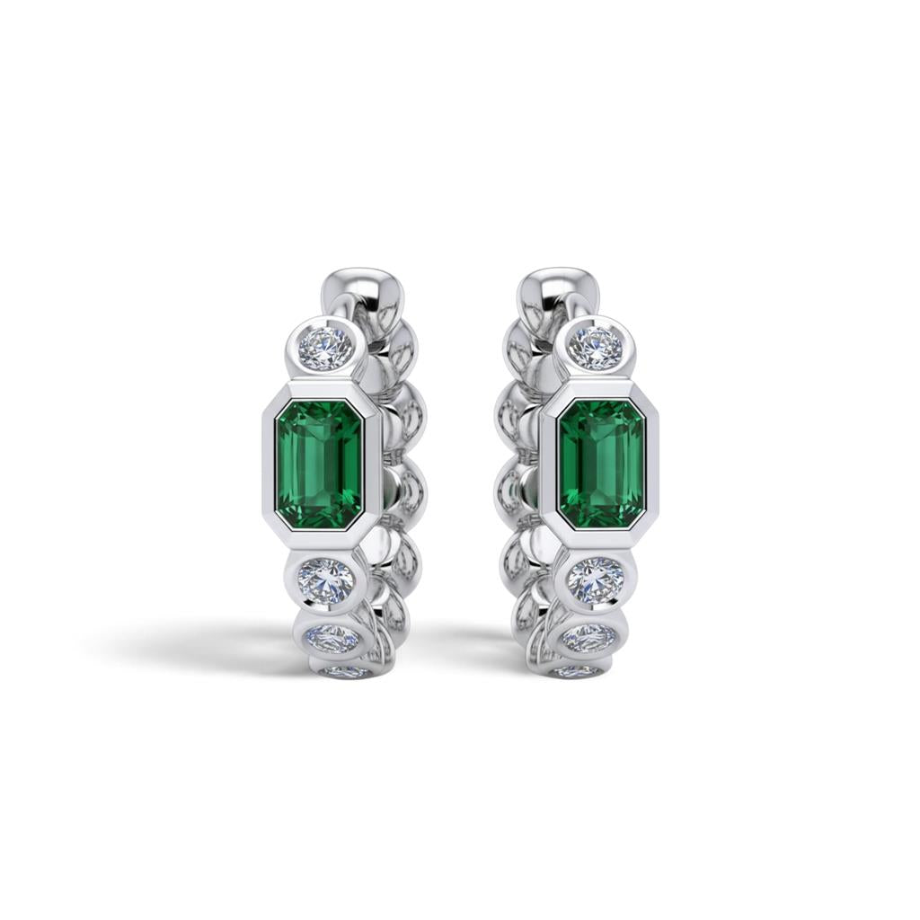 14K White Gold Emerald & Diamond Bezel Hoop Earrings