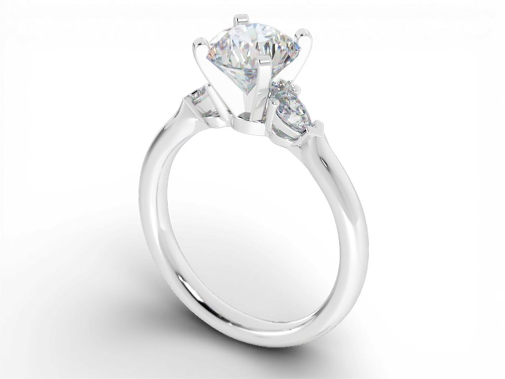 14kt White Gold 3-Stone Engagement Ring with Pear-Shaped Side Diamonds – 0.70ct Center