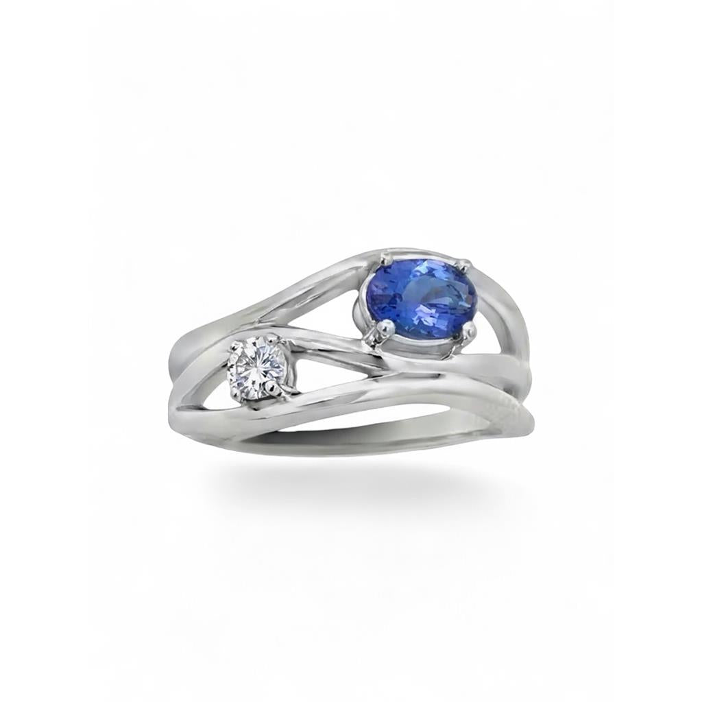 14 Kt White Gold Tanzanite & Diamond Freeform Style Fashion Ring