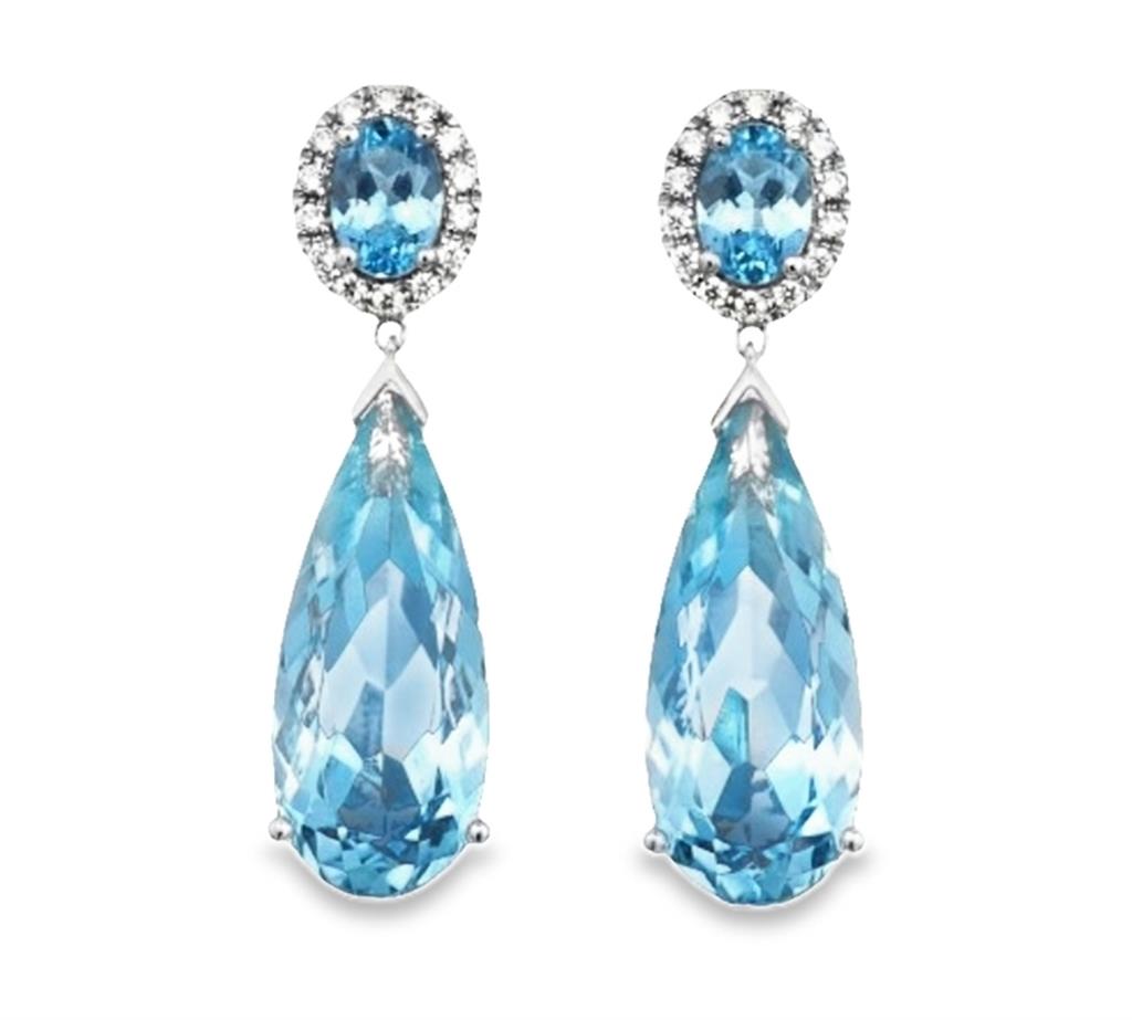 14KT White Gold Diamond Halo & Aquamarine Dangle Earrings