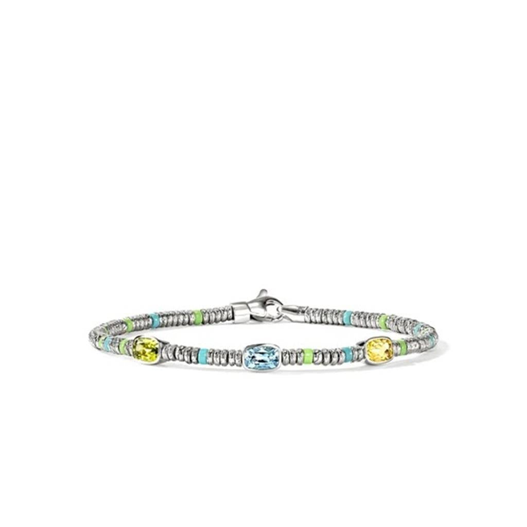 Sterling Silver 2.5mm Heishi Beaded Bracelet with Peridot, Sky Blue Topaz, Lemon Quartz & Enamel
