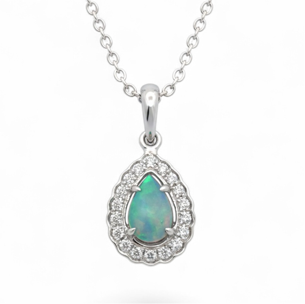 14KT White Gold Pear-Shaped Opal Halo Pendant