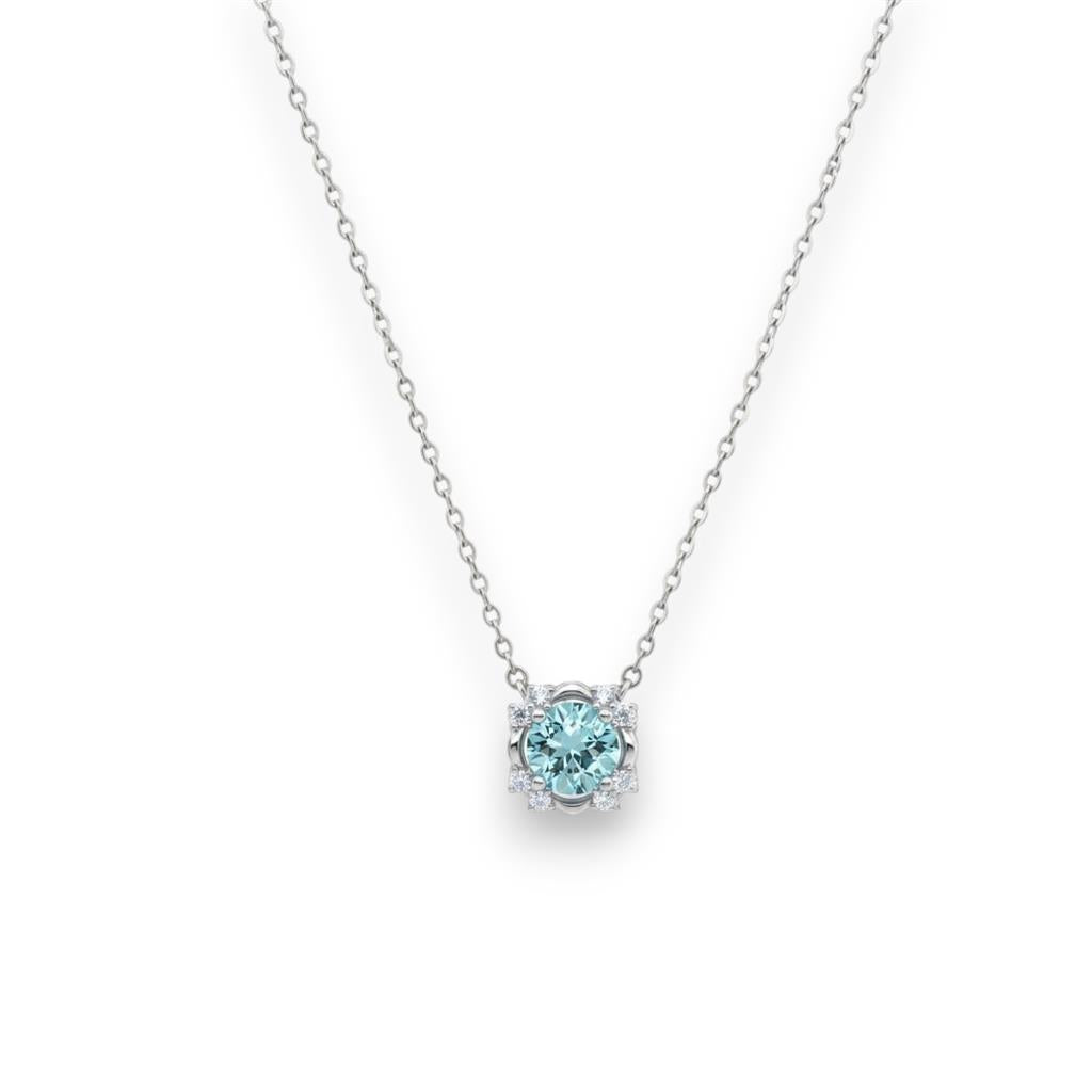 14K White Gold Aquamarine & Diamond Halo Pendant Necklace