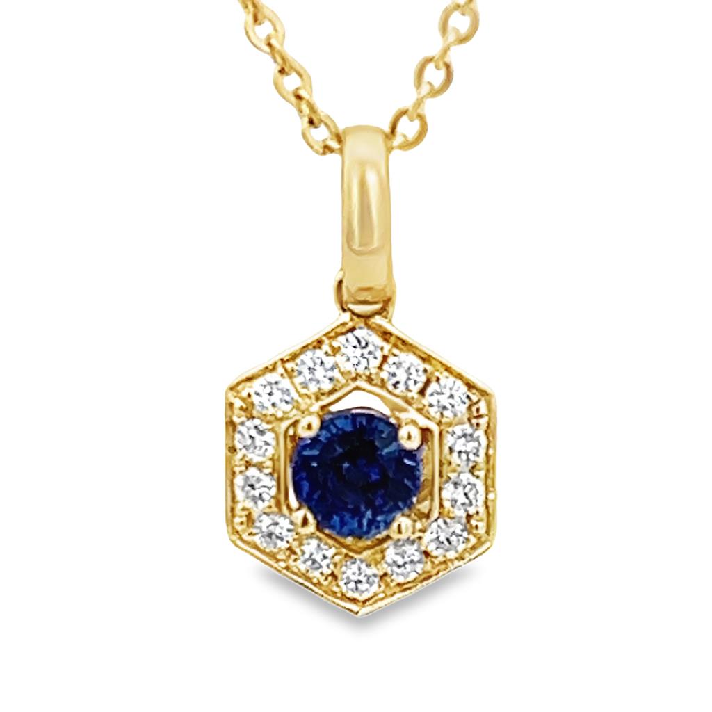 14KT Yellow Gold Sapphire & Diamond Hexagon Halo Pendant 