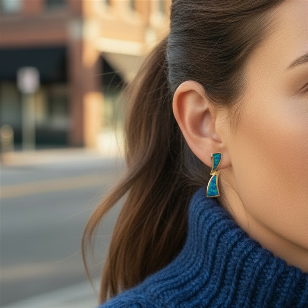 14KT Yellow Gold Blue Opal Inlay Earrings