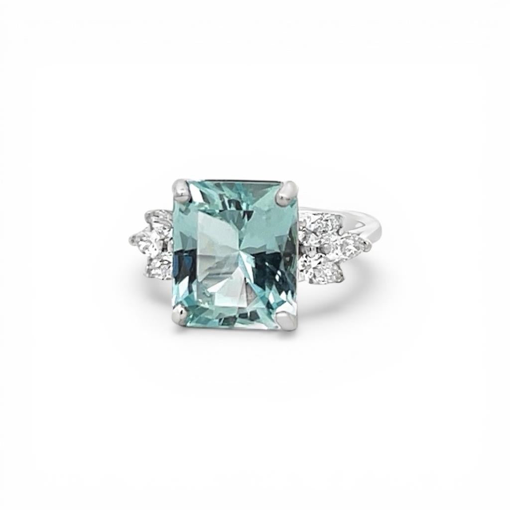 14KT White Gold Aquamarine And Diamond Euro Shank Ring