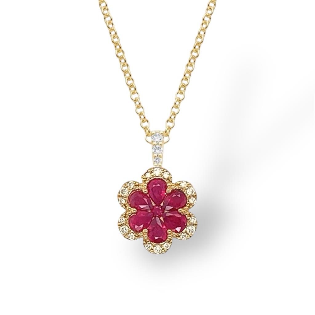 14kt Yellow Gold Ruby & Diamond Flower Pendant