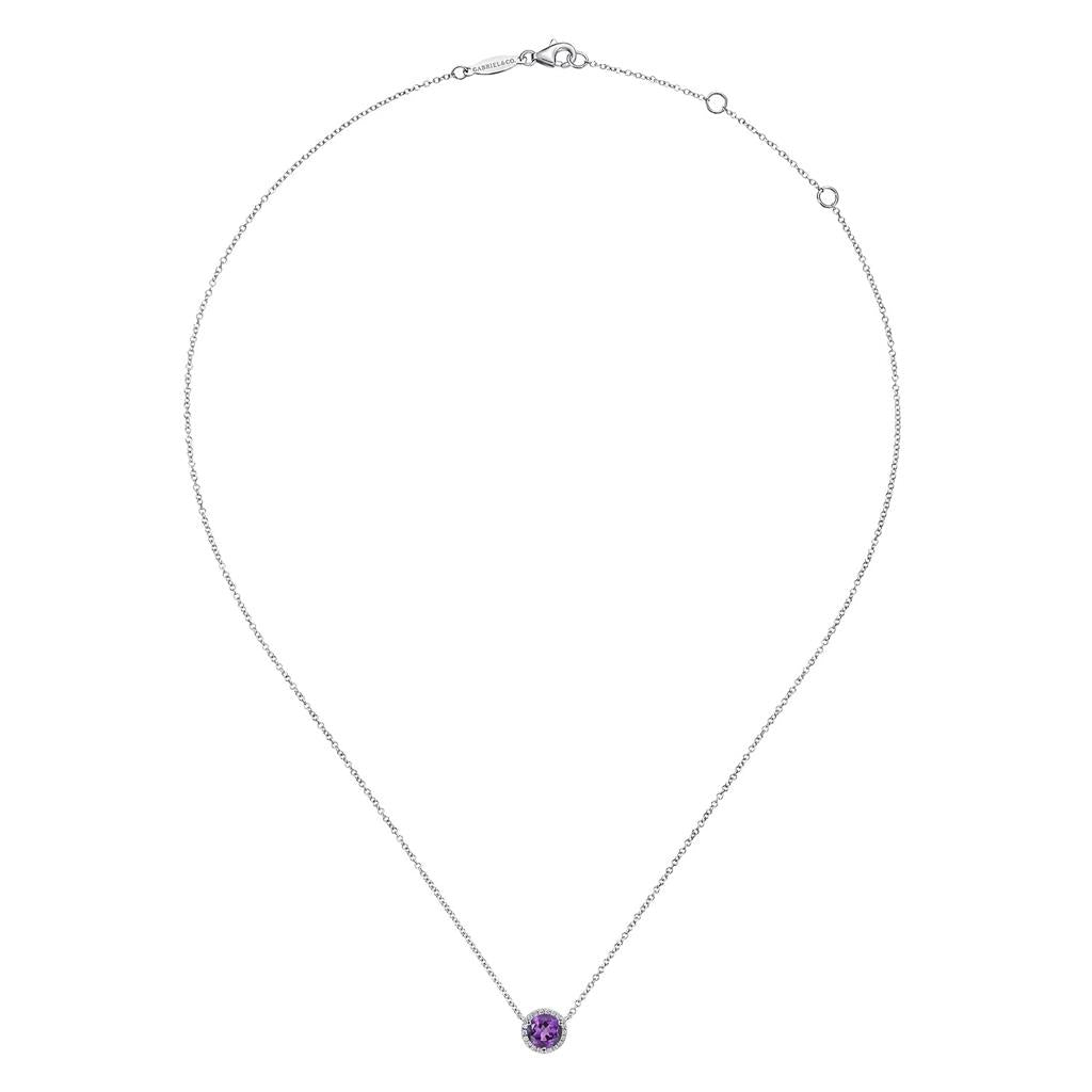 14KT White Gold Amethyst & Diamond Halo Necklace