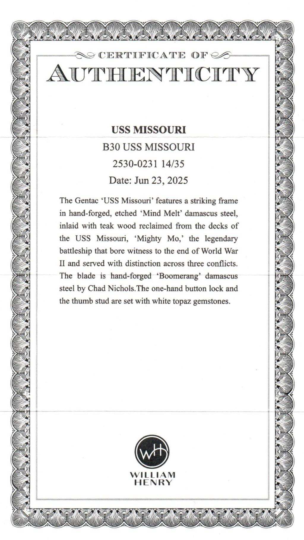 William Henry Gentac “USS Missouri” Damascus Folding Knife 