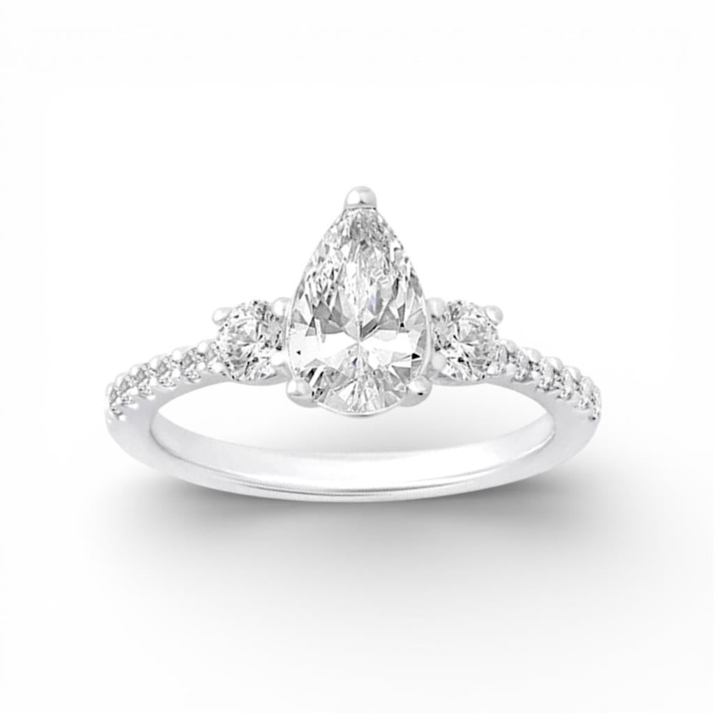 14KT White Gold 3 Stone Pear Shaped Diamond Semi-Mounting