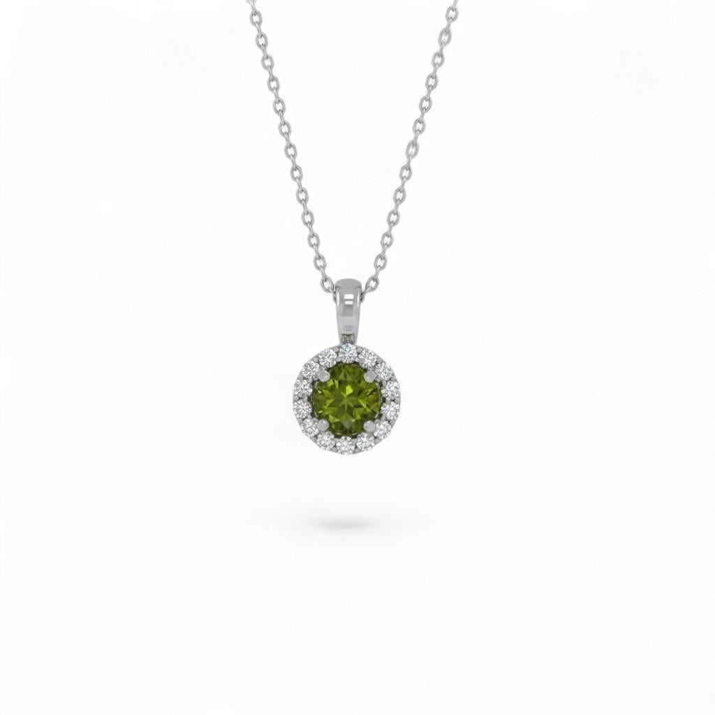 14K White Gold Peridot & Diamond Halo Pendant 