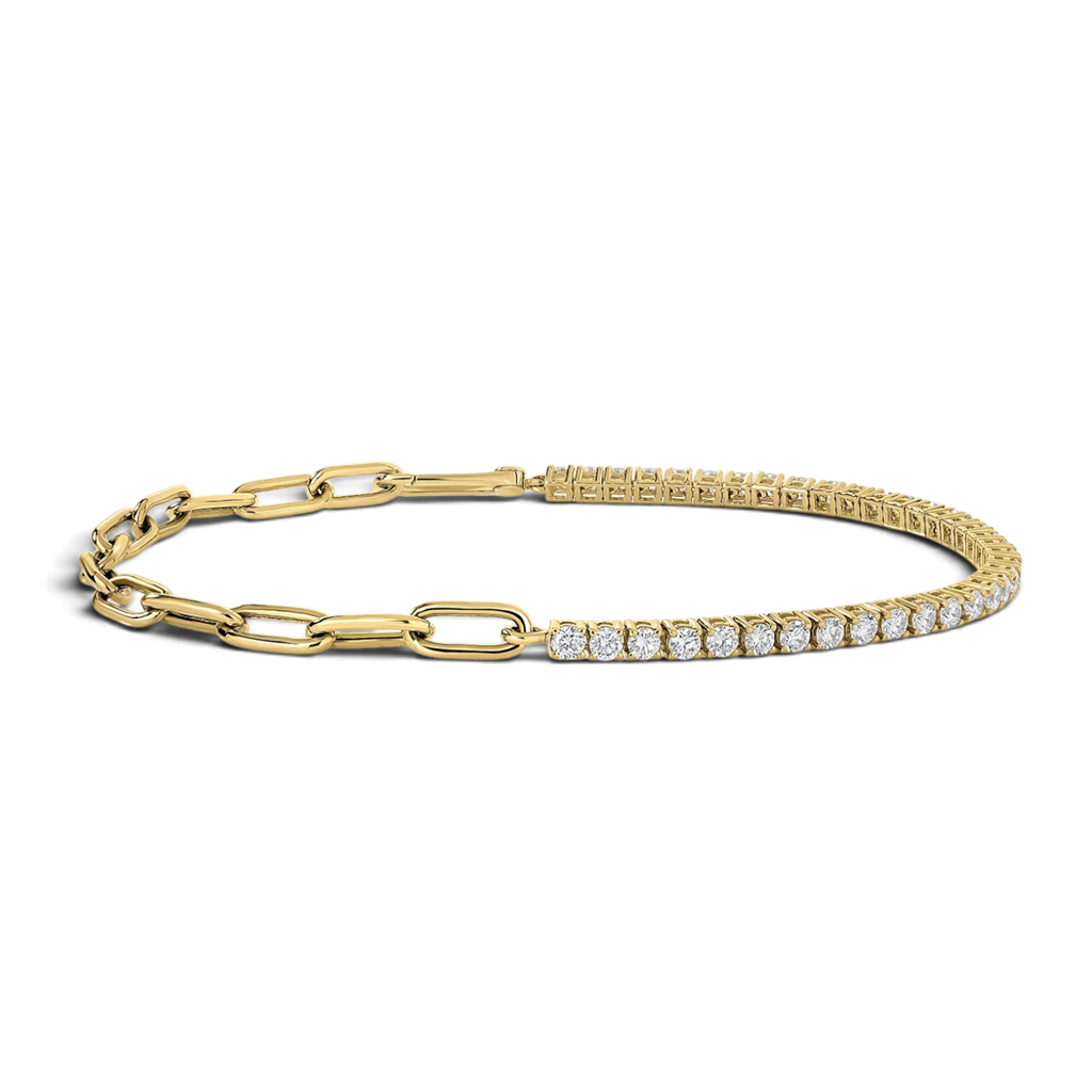 14KT Yellow Gold Half Diamond Tennis Half Paperclip Chain Bracelet
