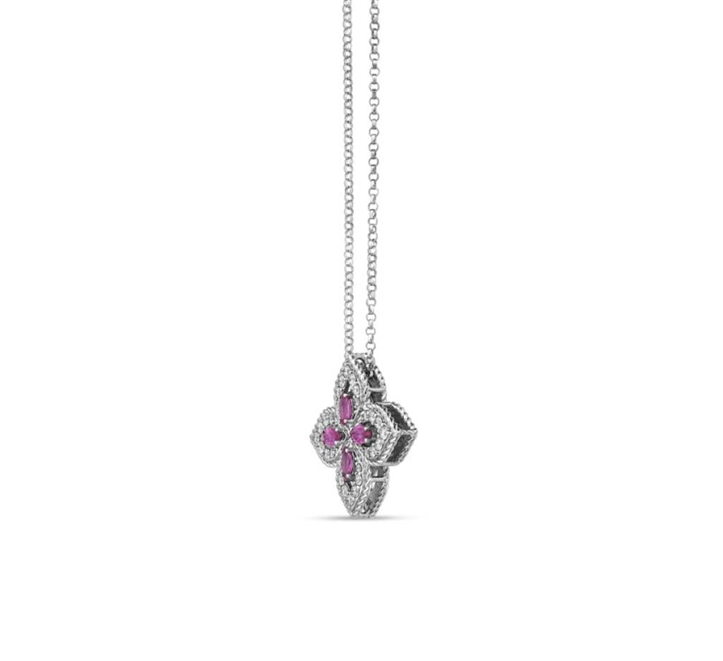 18kt White Gold Princess Flower Pavé Diamond & Pink Sapphire Necklace