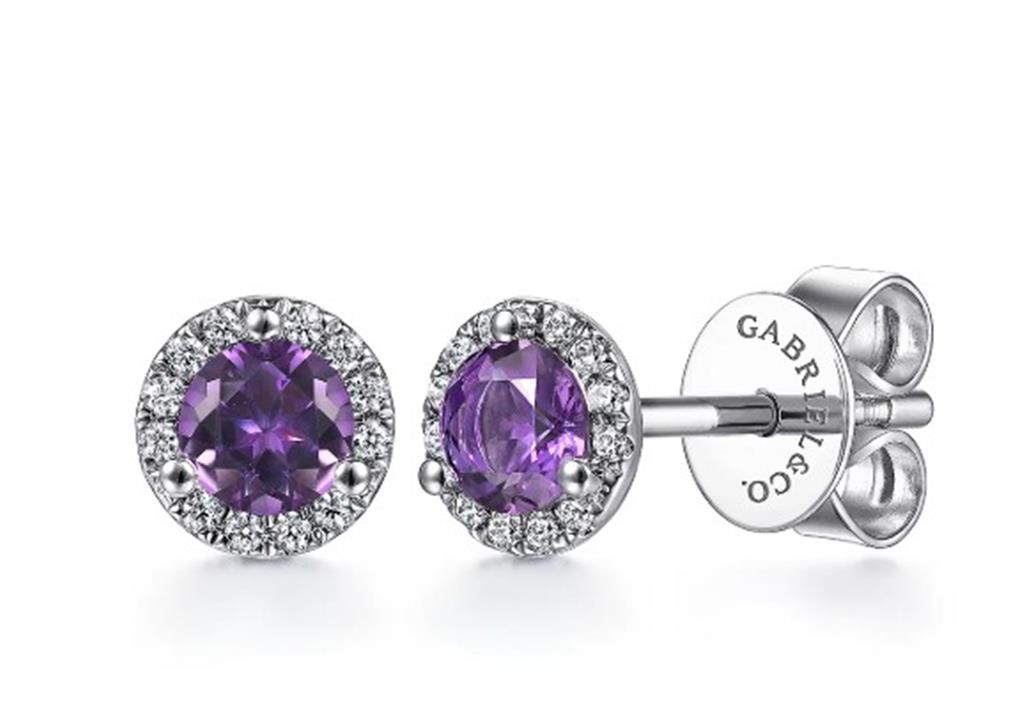 14kt White Gold Amethyst and Diamond Halo Stud Earrings