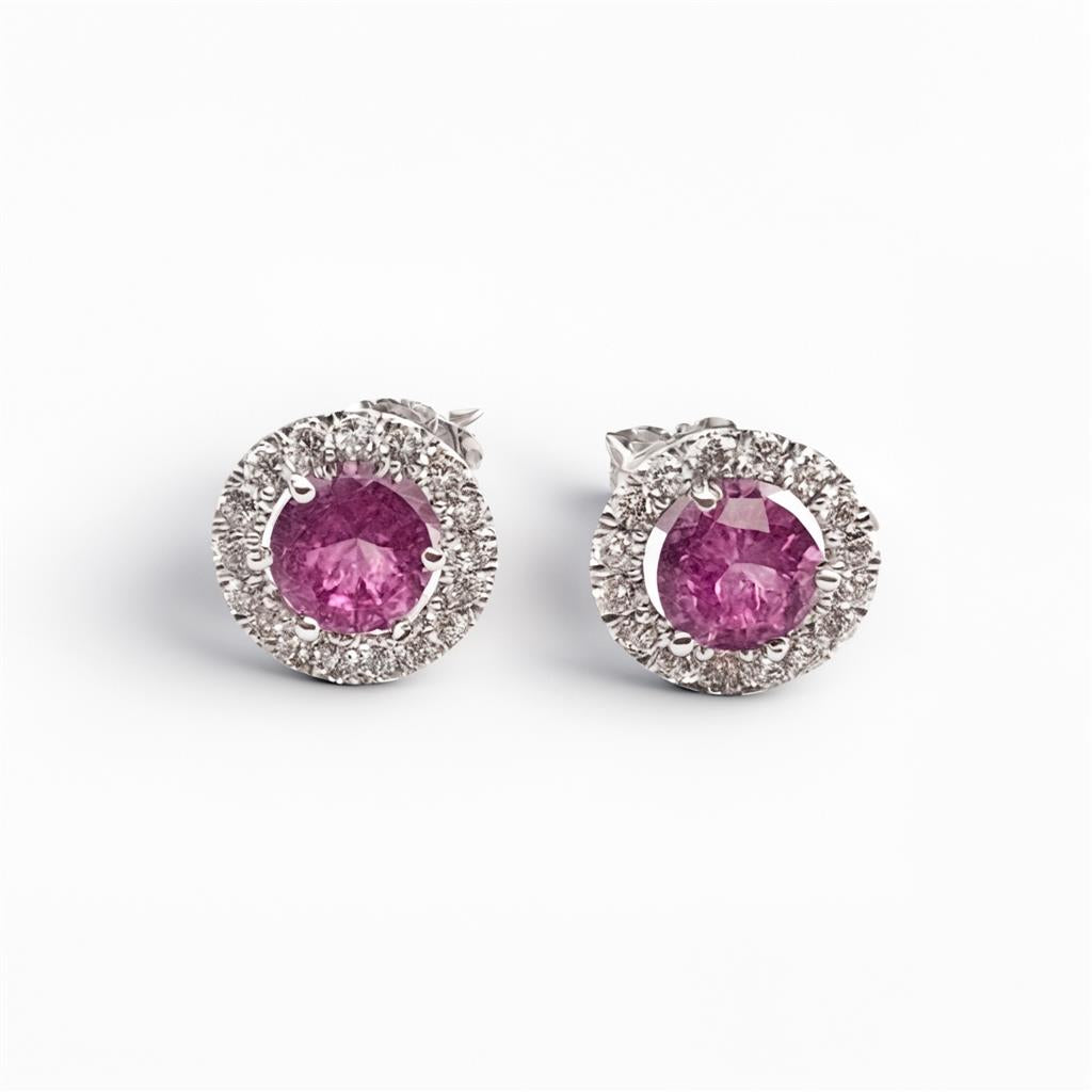 14 Kt White Gold Pink Garnet & Diamond Halo Stud Earrings