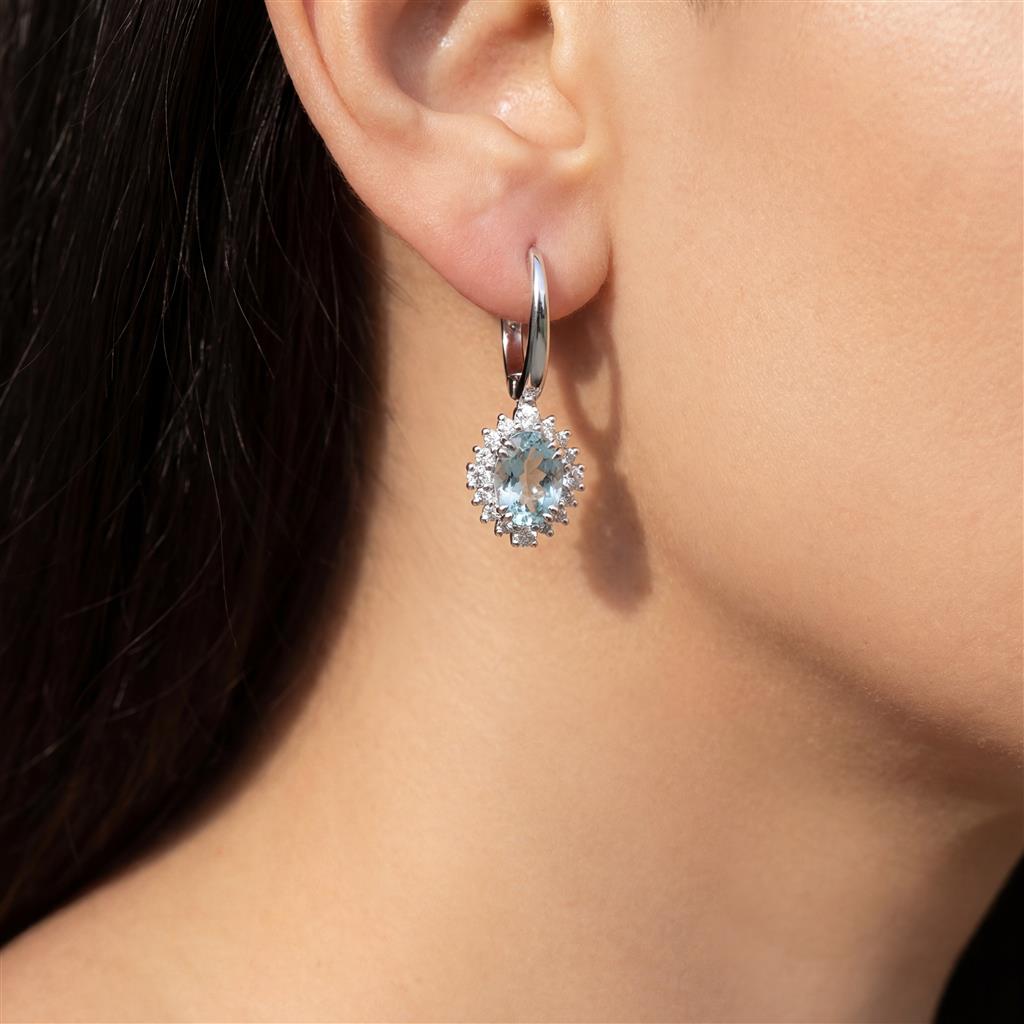 14KT White Gold Aquamarine & Diamond Halo Dangle Earrings