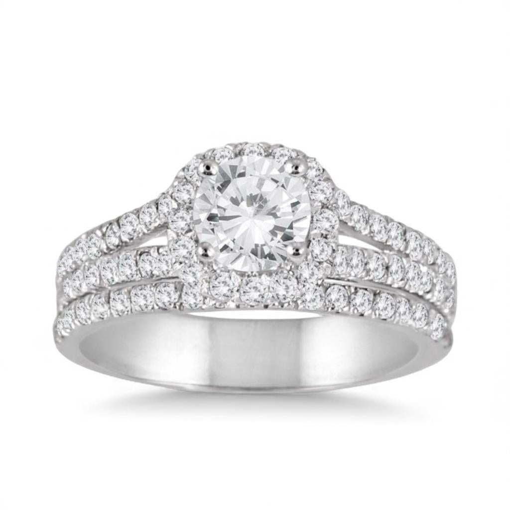 14KT White Gold Cushion Halo Triple Row Diamond Engagement Ring