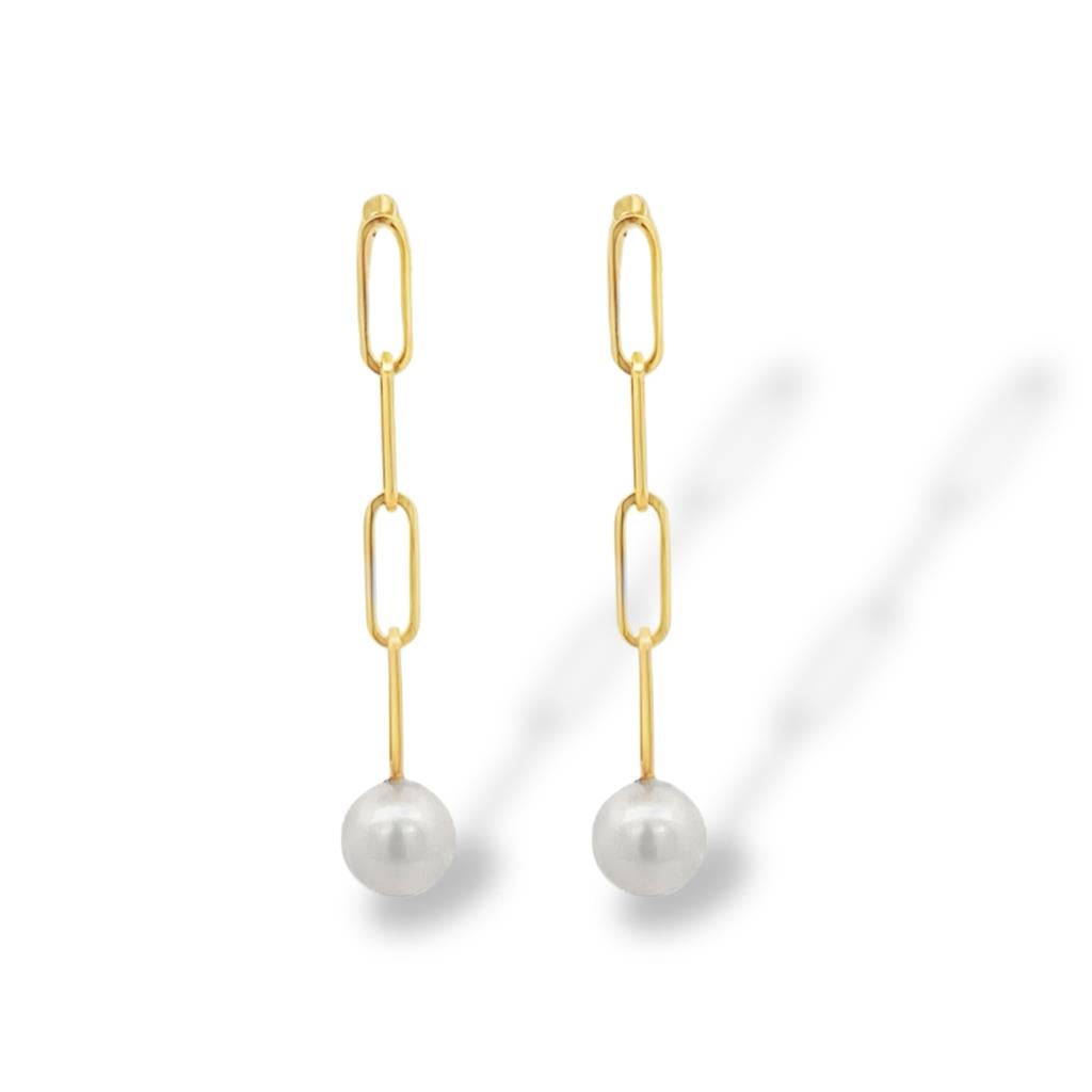 14kt Yellow Gold Paperclip Chain Pearl Dangle Earrings