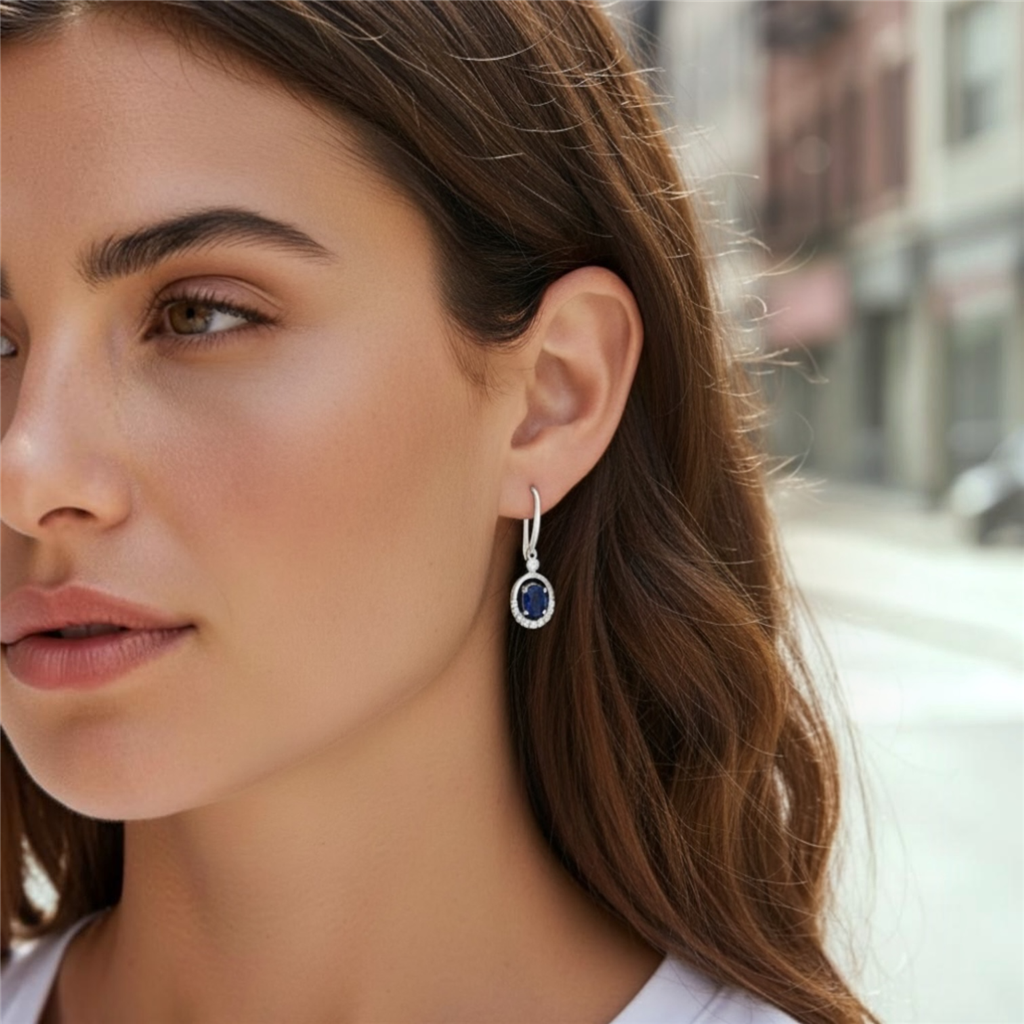 14kt White Gold Sapphire & Diamond Half Halo Dangle Earrings